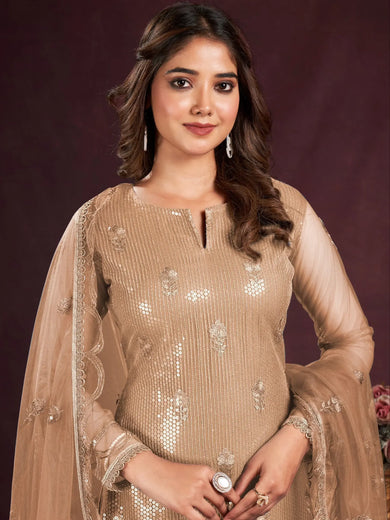 Fascinating Brown Sequins Net Traditional Salwar Kameez With Dupatta